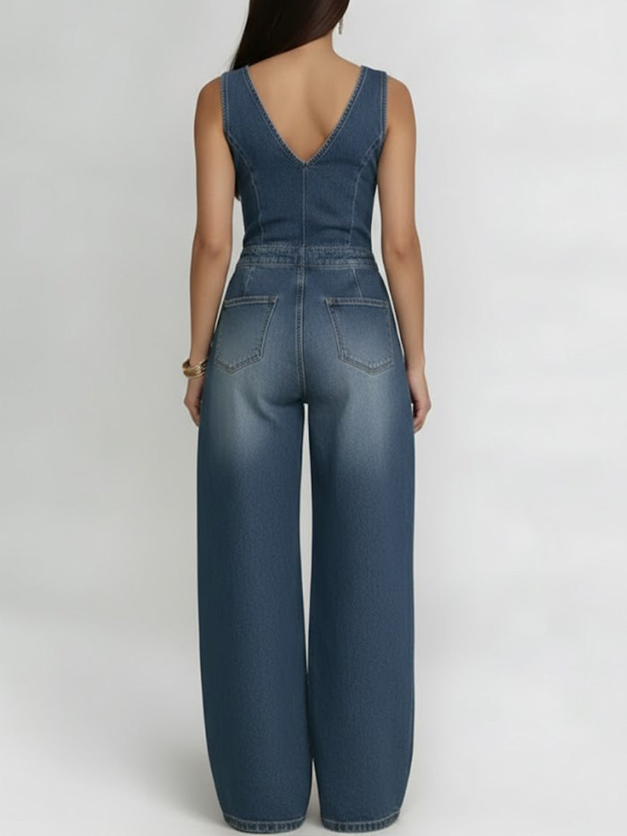 Women's V-neck Sleeveless Casual Loose Denim Wide-leg Jumpsuit