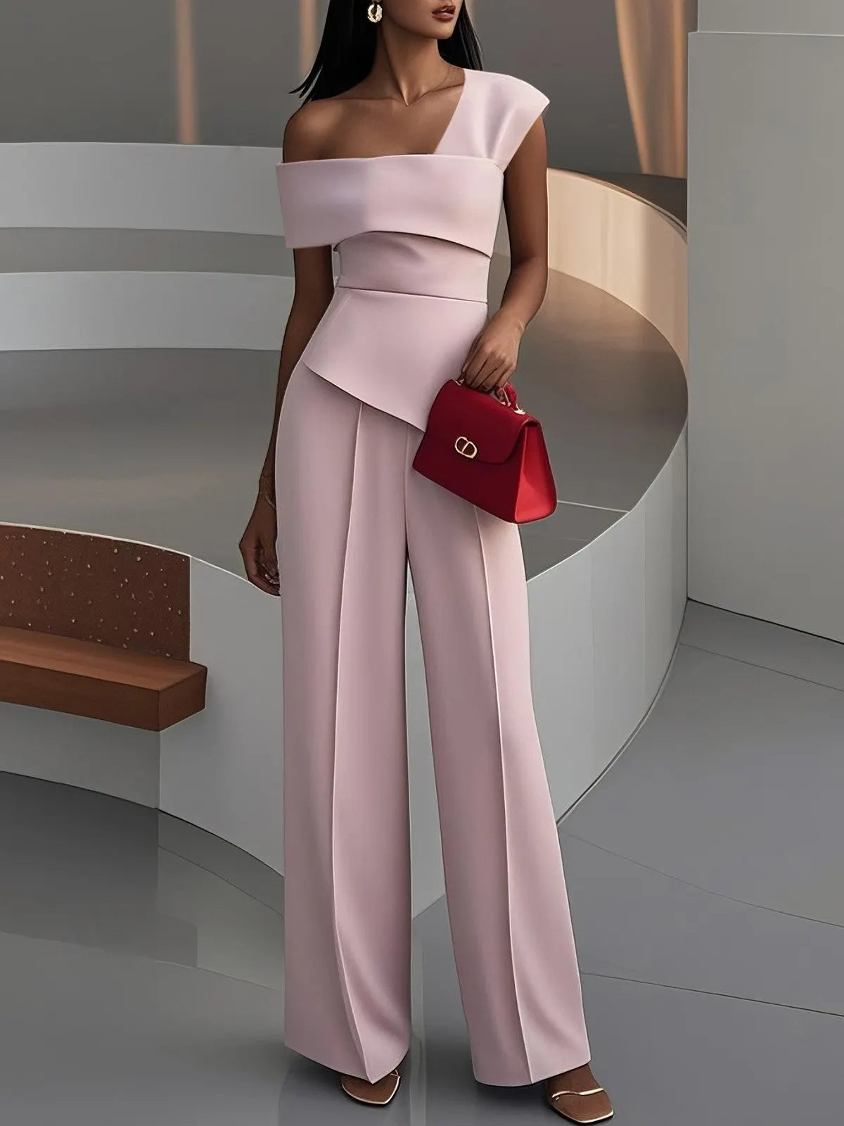 Women Pink Asymmetric Asymmetrical Short Sleeve Dressy Jumpsuit