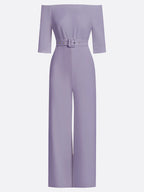 Women Purple Off The Shoulder Half Sleeve Dressy Jumpsuit With Pockets