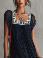 Navy Blue Floral Embroidered Pleated Chiffon Mini Dress