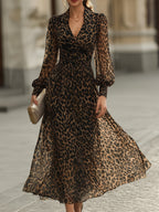 Leopard Print Wrap Midi Dress With Long Sleeves