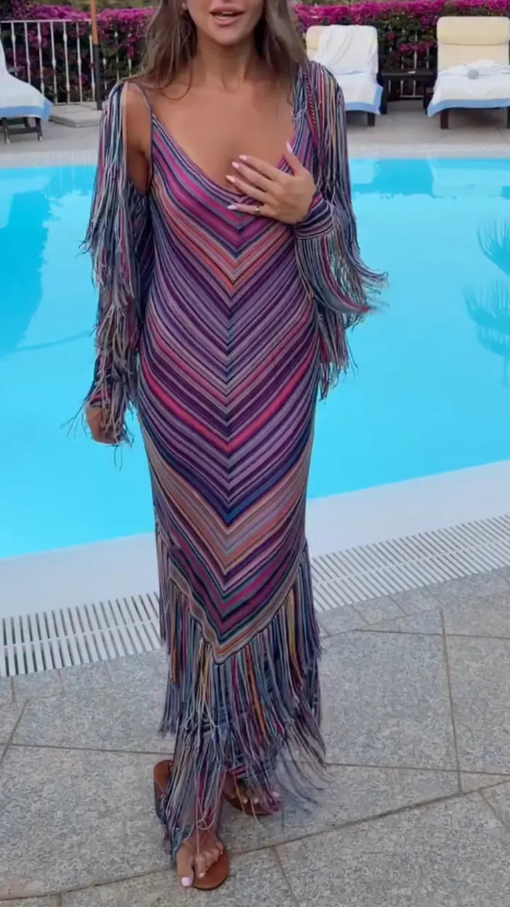 Rainbow Chevron Fringe Knit Maxi Dress with Matching Fringe Cover-Up