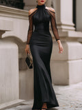 Chic High Neck Satin Evening Gown With Sheer Mesh Sleeves