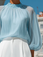 Sheer Pleated High-Neck Blouson Sleeve Blouse