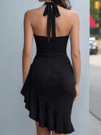 Halter Neck Ruched Asymmetrical Ruffle Midi Dress