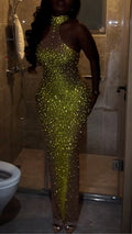 Gold Sparkle Rhinestone Sheer Halter Bodycon Maxi Dress