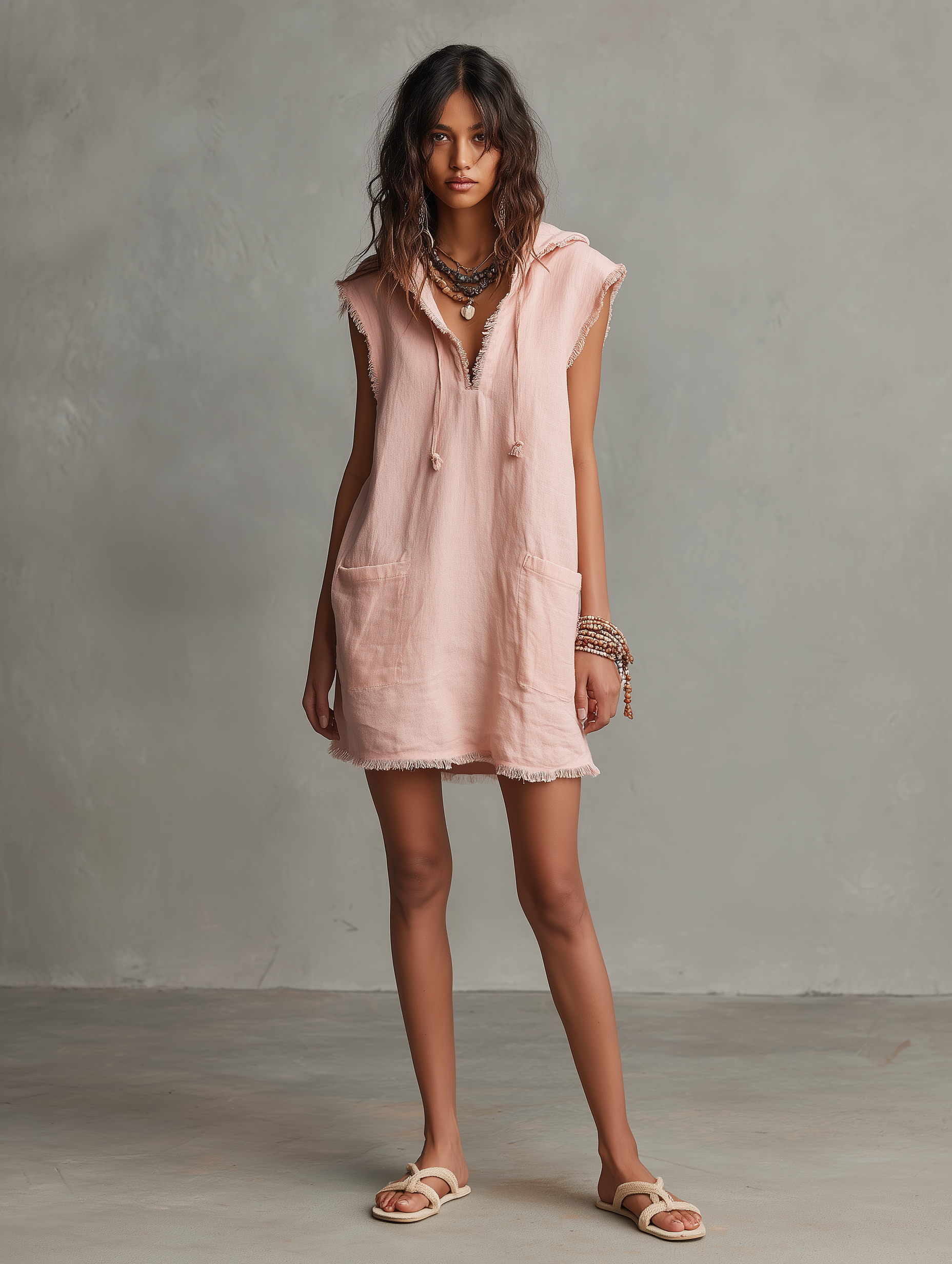 Women's Minimalist Linen-Blend Mini Dress — Hooded, Sleeveless, Raw Hem MDZ2961D3Y