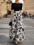 Black Puff Sleeve Bodice & Black Floral Print Maxi Dress