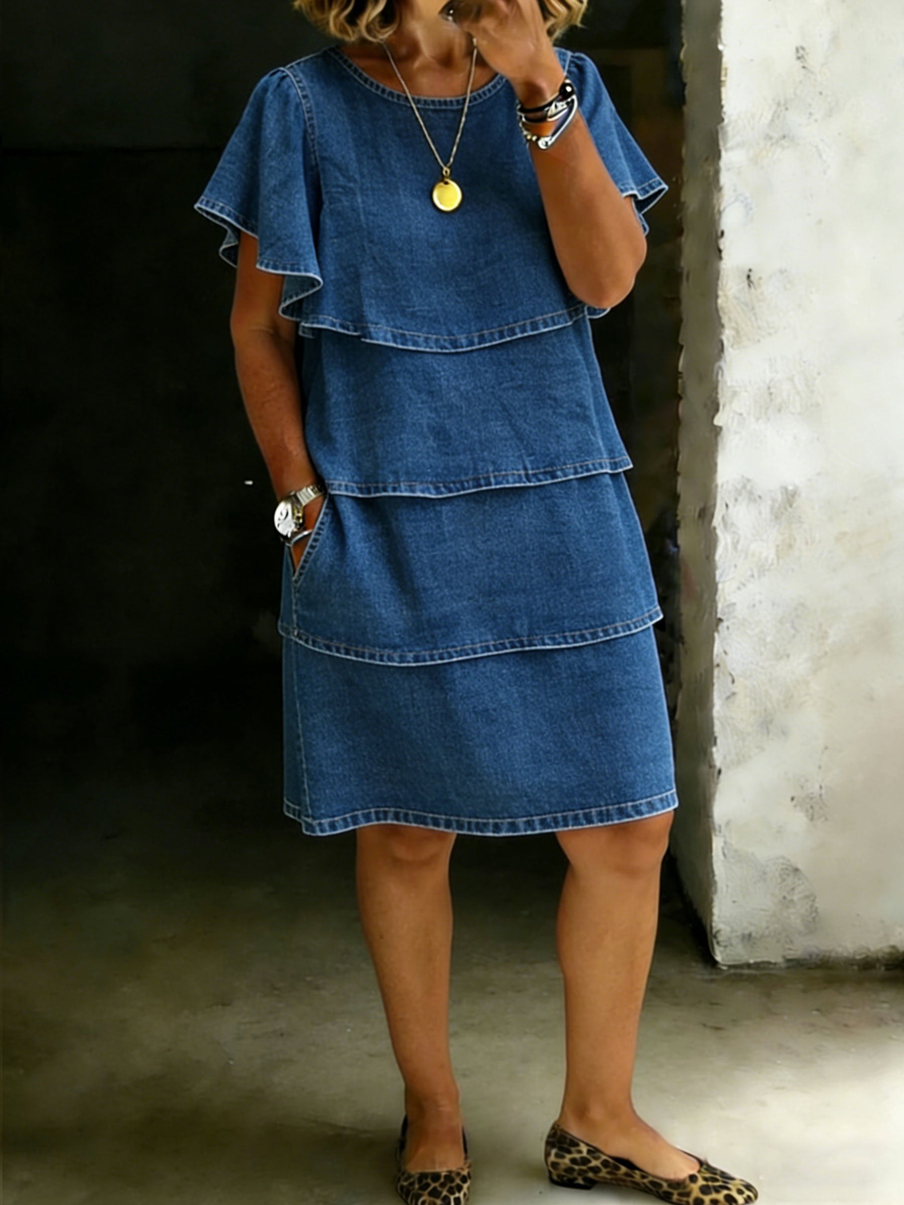 Women's Solid Color Loose Cute Cake Denim Pocket Dress