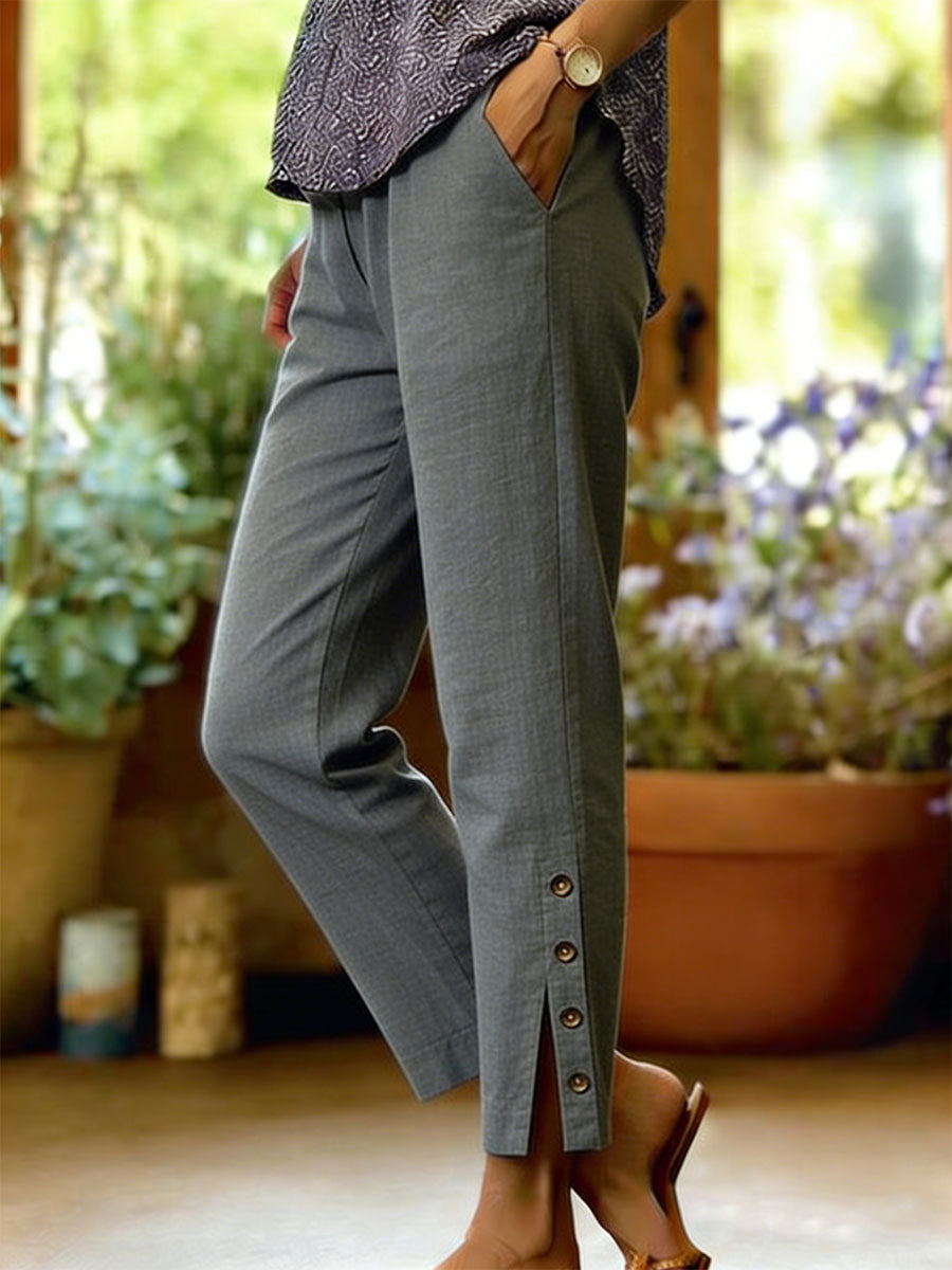 Women's Cotton-linen Button Slit Solid-color Loose-fit Casual Trousers