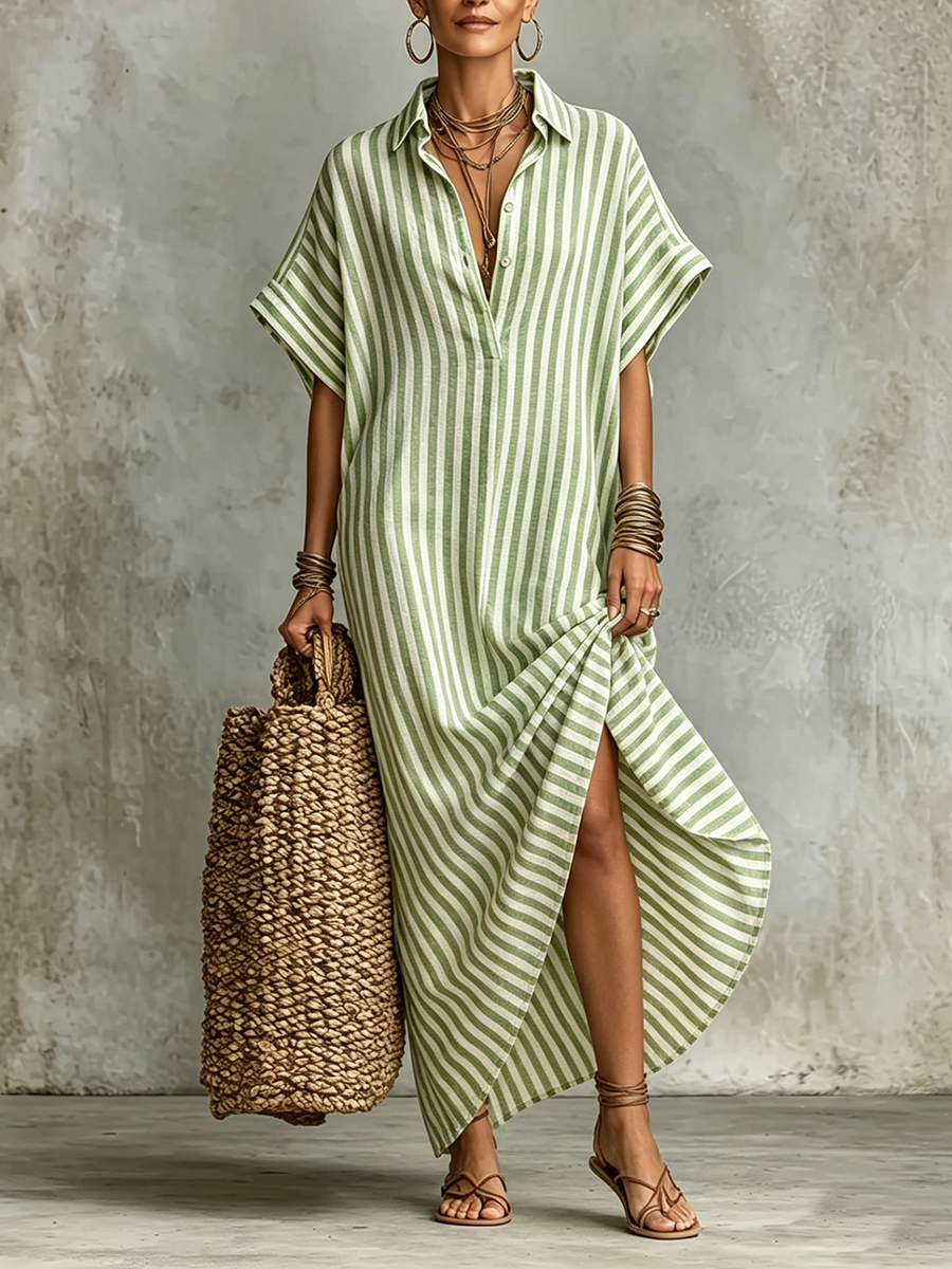Cozy Classic Striped Cotton-linen Maxi Dress