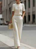 Tweed Cropped Short-Sleeve Jacket & High-Waisted Wide-Leg Pants Two-Piece Set