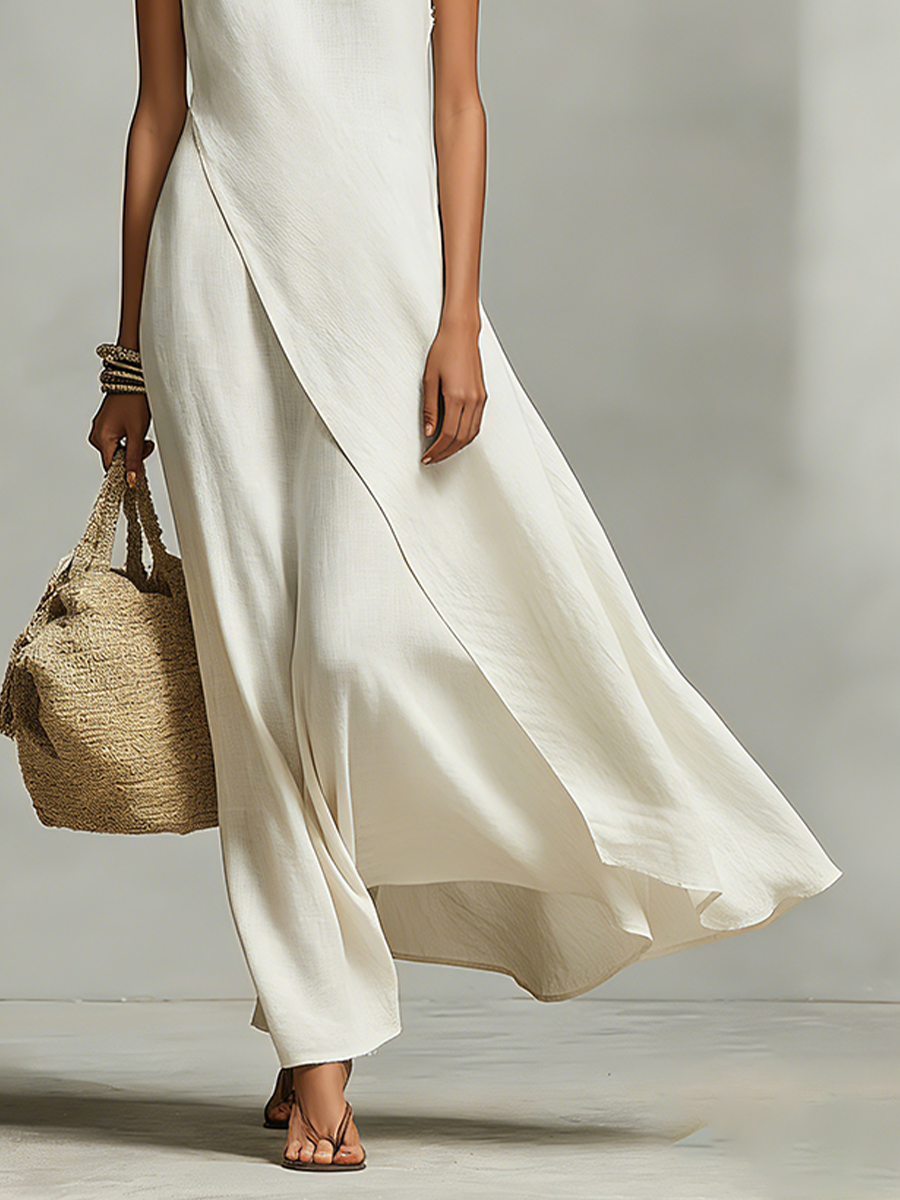 Women's Ivory Breathable Linen Dress With Sleeveless Detail & Asymmetric Hem, Contemporary Casual-Feminine Style Dress MDZ0408C2I