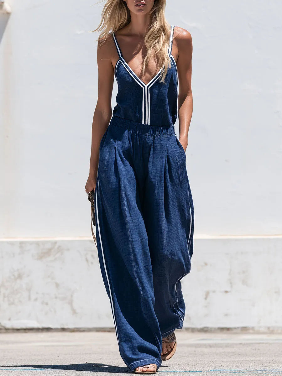 Retro-style Casual Color-blocked Blue Cotton Linen Vest And Pants Set