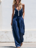 Retro-style Casual Color-blocked Blue Cotton Linen Vest And Pants Set