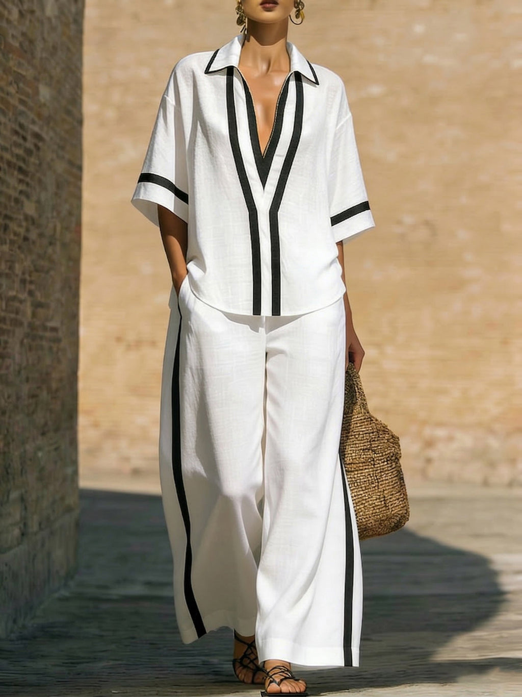 Stylish Trimmed Edge Color-blocked Cotton Linen Two-piece Set