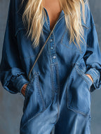 Casual Loose-fit Hooded Blue Denim Button-front Long-sleeved Jumpsuit