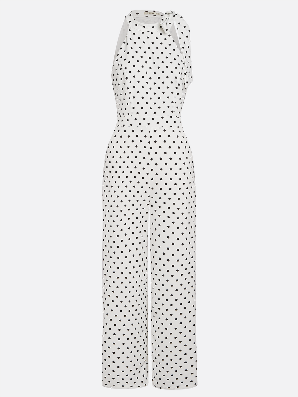Women White Polka Dots Bow Halter Sleeveless Dressy Jumpsuit