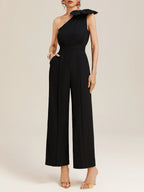 Black 3D Floral One Shoulder H-Line Jumpsuit