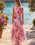 Pink Floral Print Sleeveless Belted Bow High Low Layer Ruffle Chiffon Maxi Dress