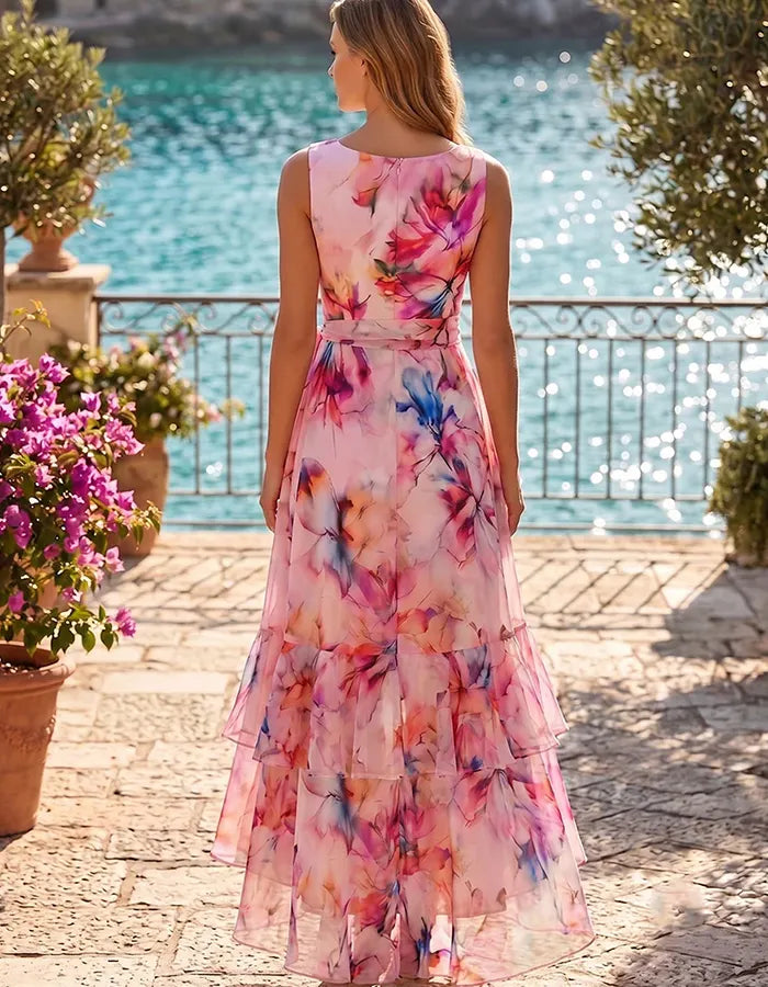 Pink Floral Print Sleeveless Belted Bow High Low Layer Ruffle Chiffon Maxi Dress