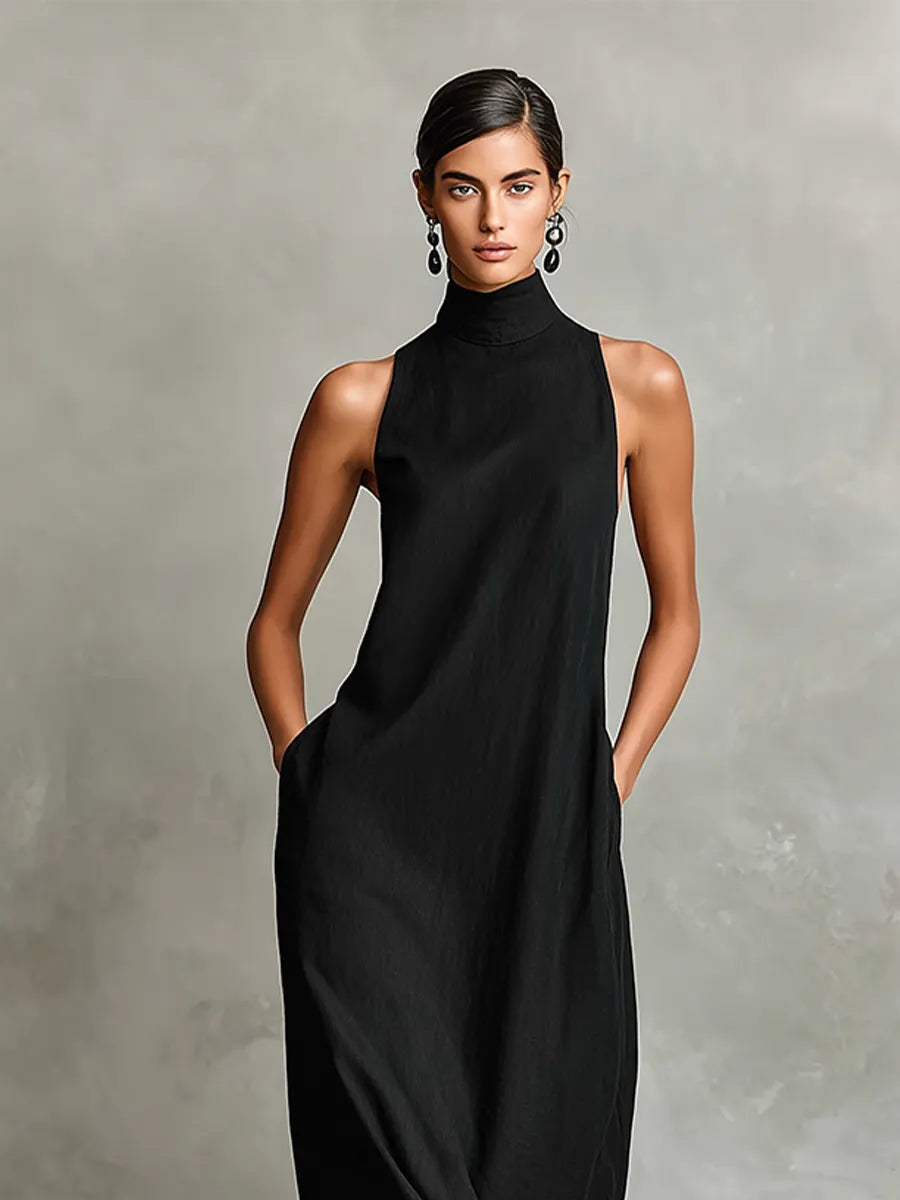 Women's Black Linen-Blend Maxi Dress With High Neck & Side Pockets, Timeless Minimalist Casual Dress MDZ2597D7LYL
