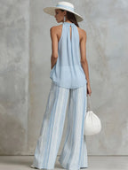 Vacation Light Blue Chiffon Sleeveless Top And Striped Wide-leg Pants Set