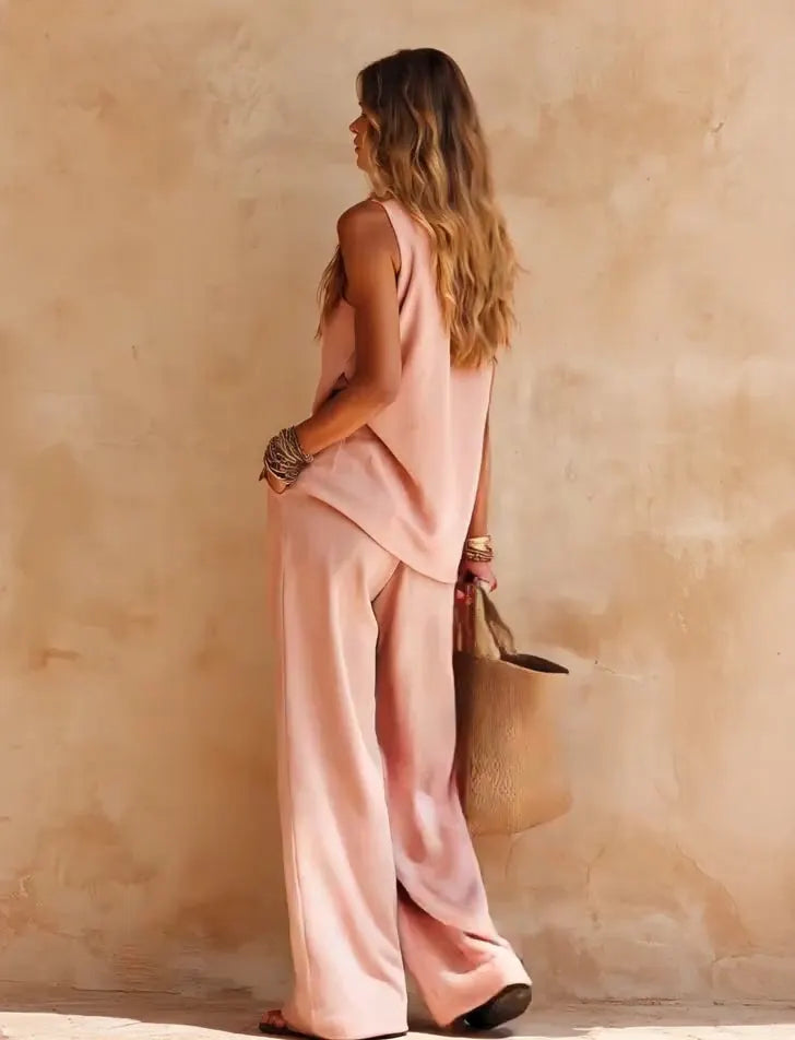 Pink One-shoulder Sleeveless Top And Pants Casual Set