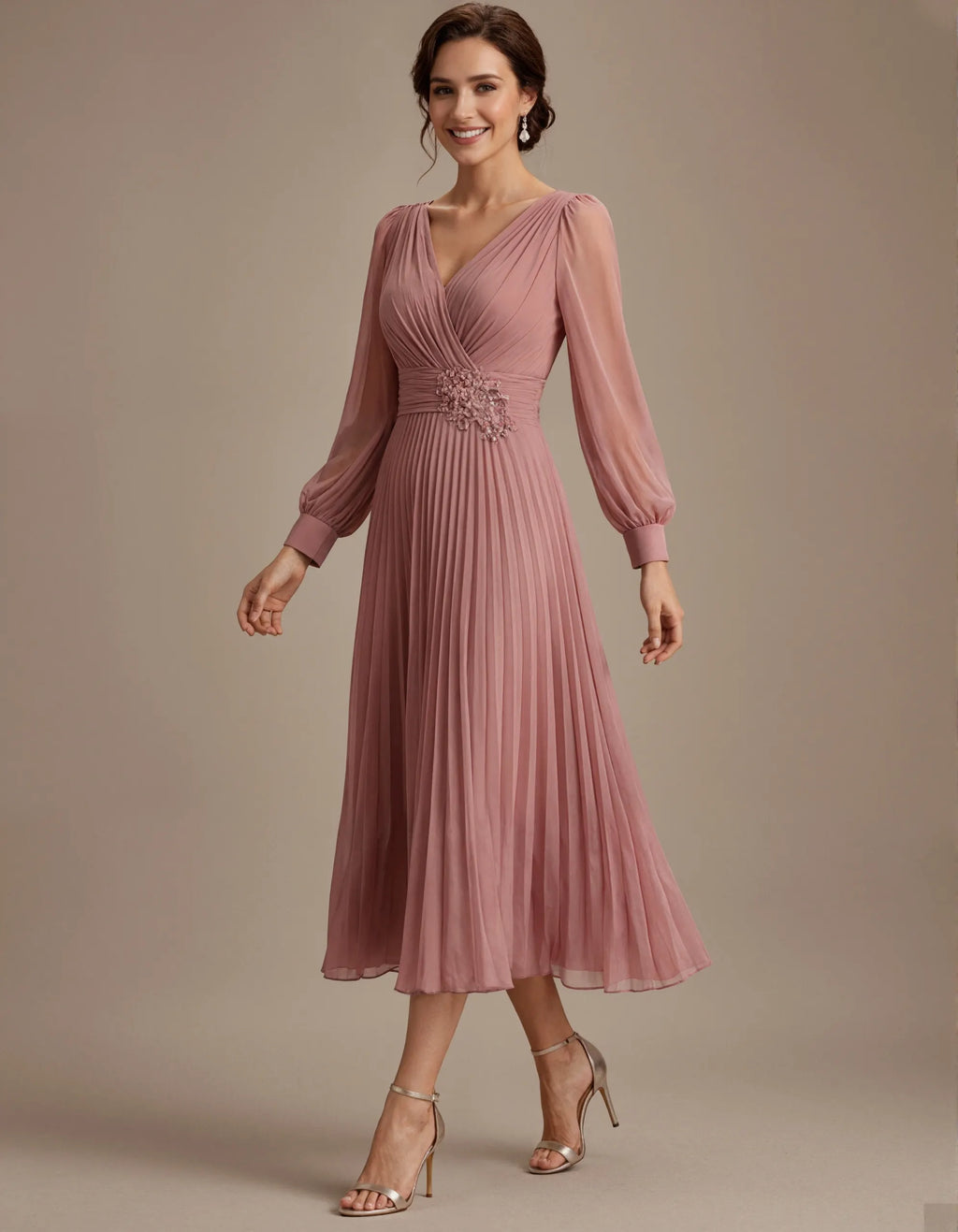 Grayish Pink Chiffon V-neck Long Sleeve Midi Dress