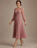 Grayish Pink Chiffon V-neck Long Sleeve Midi Dress