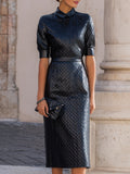Grid Embossed Faux Leather Midi Dress With Structured Waistband