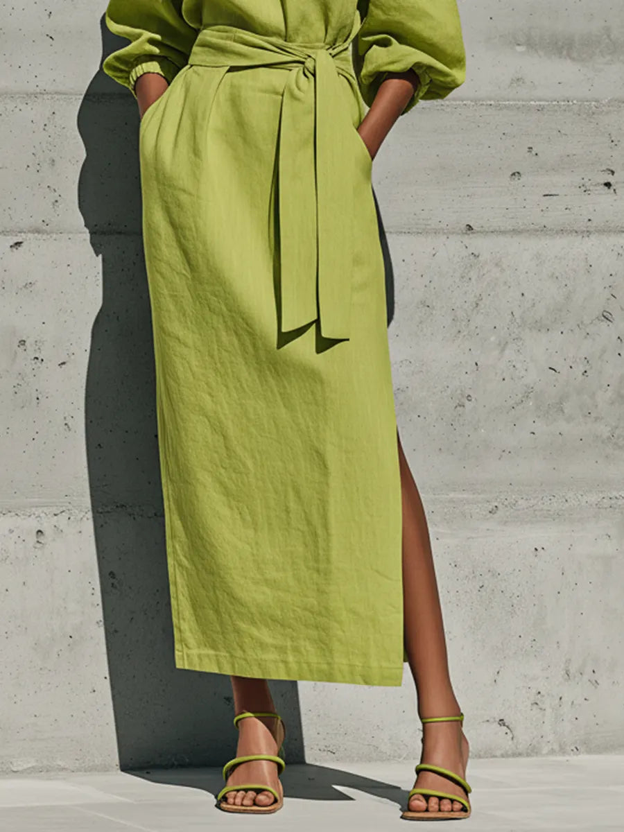 Women’s Lime Green Linen-Blend Off-The-Shoulder Puff Sleeve Tie Waist Midi Dress With Side Slit MDZ1150F0T