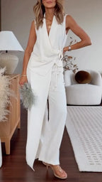 White Sleeveless Wrap Tie Vest & Wide Leg Pant 2 Piece Set