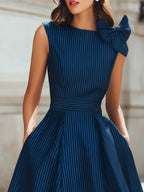 Bow Shoulder Pinstripe A-Line Midi Dress