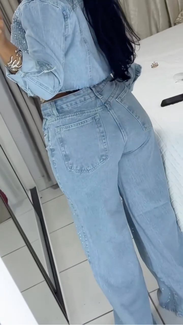 Rhinestone Denim Cropped Jacket & Wide Leg Jeans 2 Piece Set