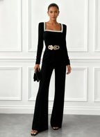 Women Black Rhinestone Square Neck Long Sleeve Dressy Jumpsuit