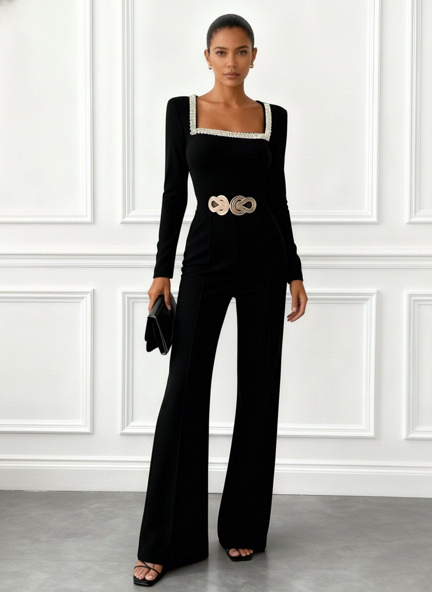 Women Black Rhinestone Square Neck Long Sleeve Dressy Jumpsuit