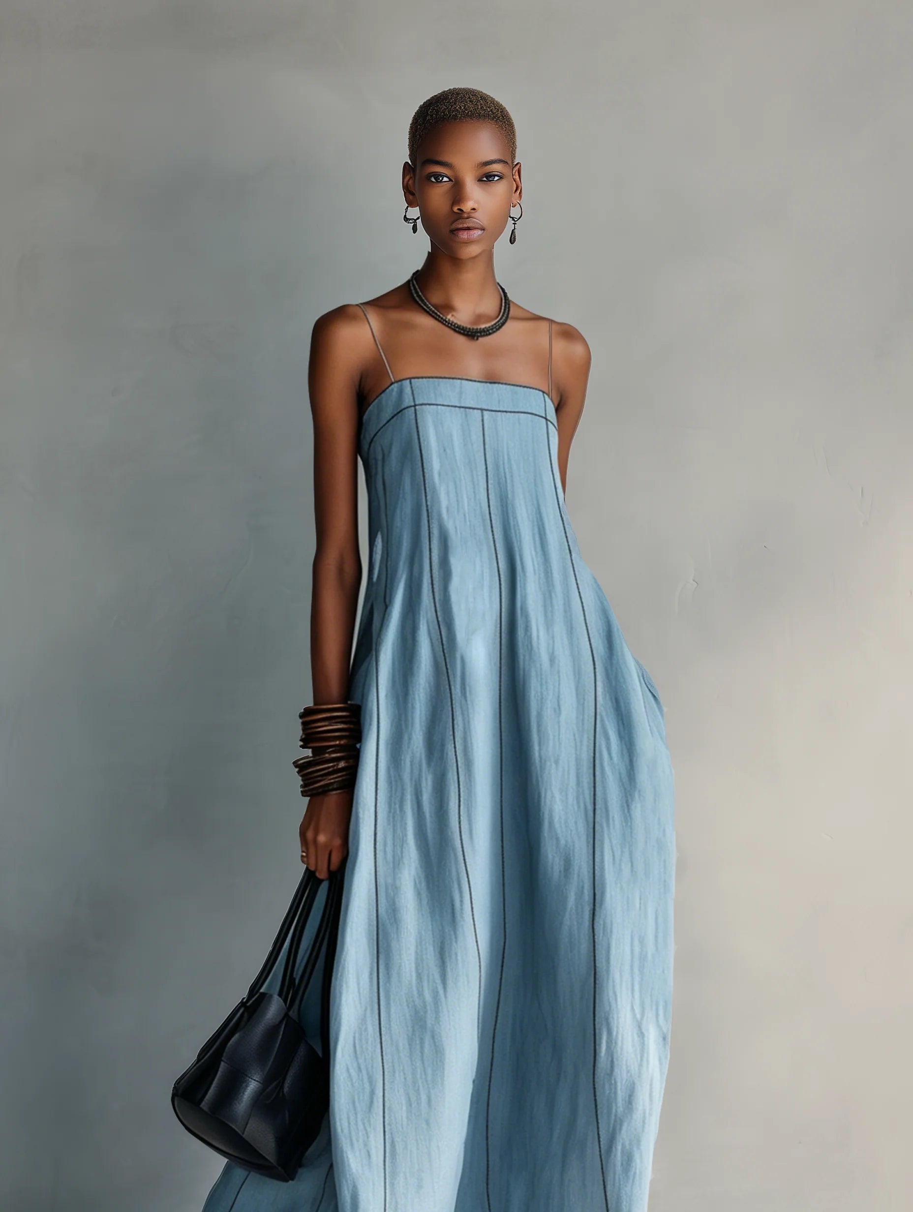 Light Blue Thin Stitch Linen Slip Maxi Dress