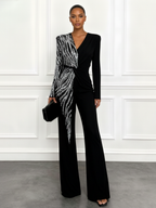 Women Black Sequin V Neck Long Sleeve Dressy Jumpsuit
