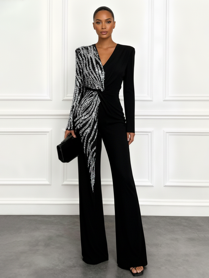 Women Black Sequin V Neck Long Sleeve Dressy Jumpsuit