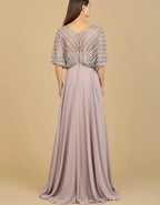 Dusty Pink V Neck Striped Sequin Puff Sleeve Chiffon Maxi Dress