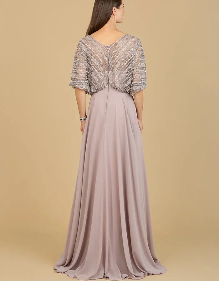 Dusty Pink V Neck Striped Sequin Puff Sleeve Chiffon Maxi Dress