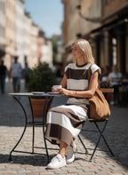 Women's Casual Brown & White Stretch-Knit Maxi Dress — Crew Neck, Sleeveless MDZ2362E0LXY