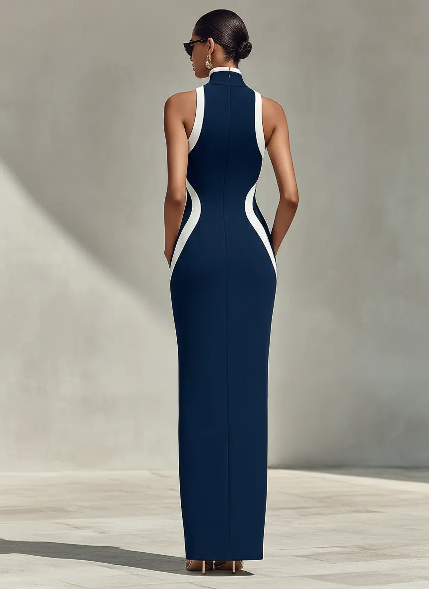 Women's Navy & White Form-Fitting Gown With Front Zipper Detail & Side Slit, Effortless Elegant Formal Dress MDZ1519D1LYL