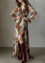 Romantic Floral Print V-Neck Ruffled Chiffon Maxi Dress