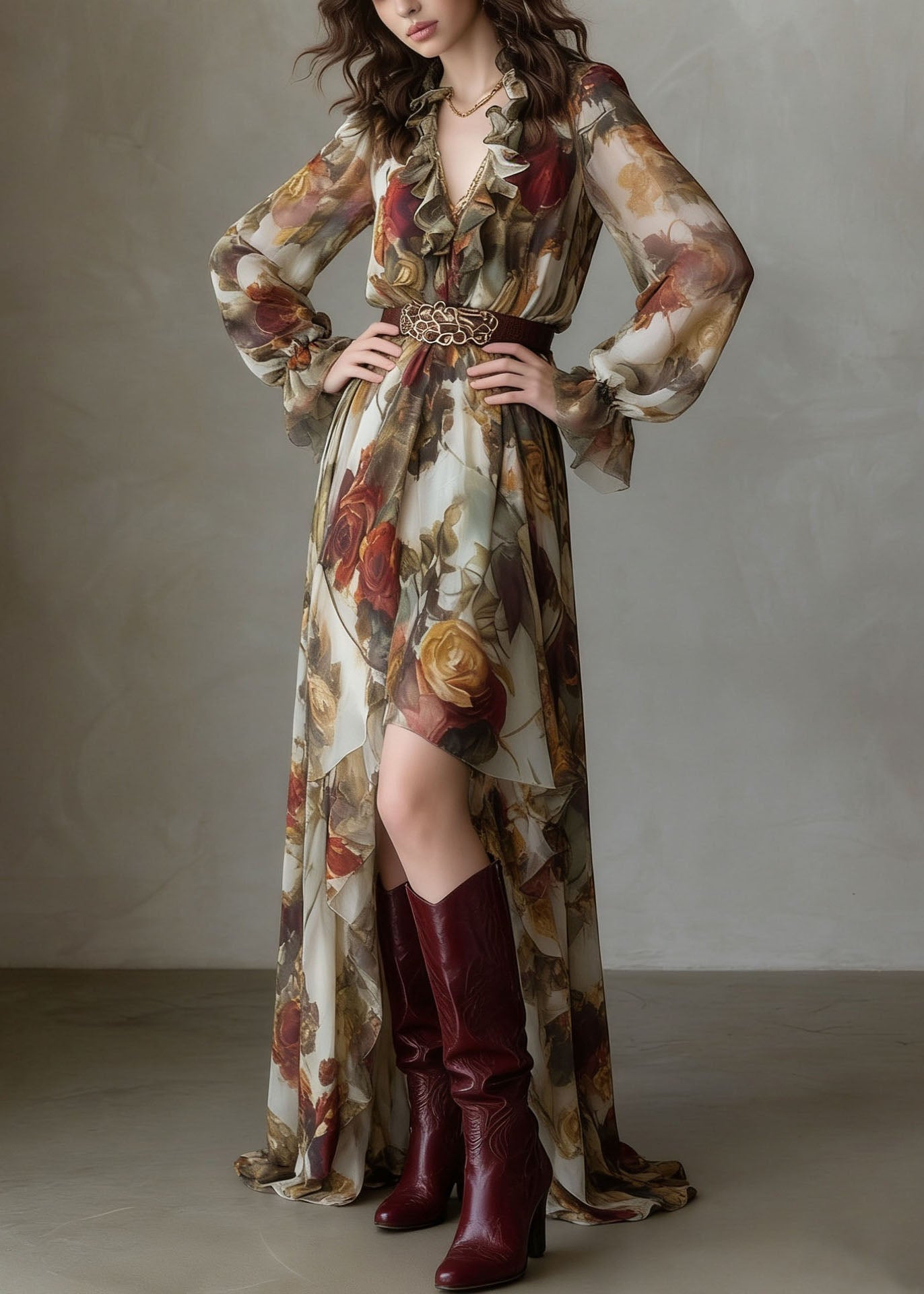 Romantic Floral Print V-Neck Ruffled Chiffon Maxi Dress