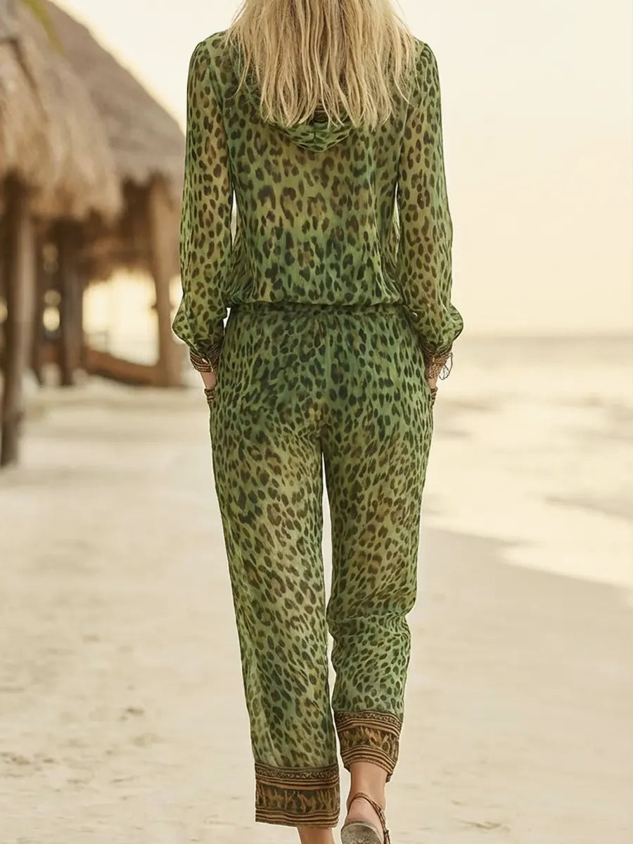 Women's Retro Leopard Art Print Hooded Zip Casual Jumpsuit