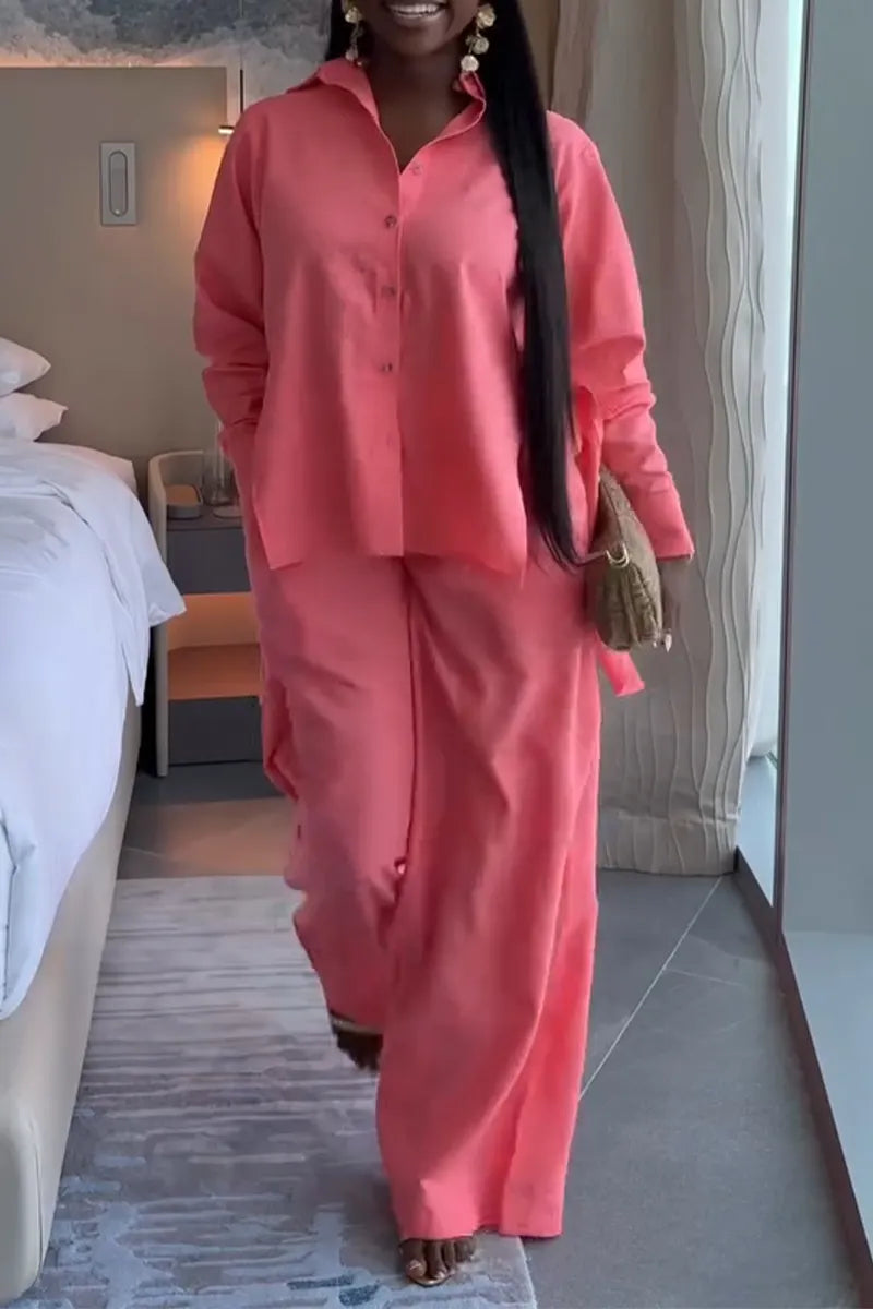 Women Collar Side Slit Shirt + Wide Leg Pants Casual Set