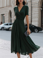 V-Neck Wrap-Style Midi Dress With Waist Draping Detail