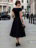 V-Neck Cap Sleeve A-Line Midi Dress